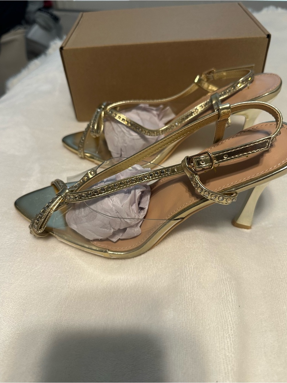 Gold Strappy Slingback Heels with Rhinestone Detail